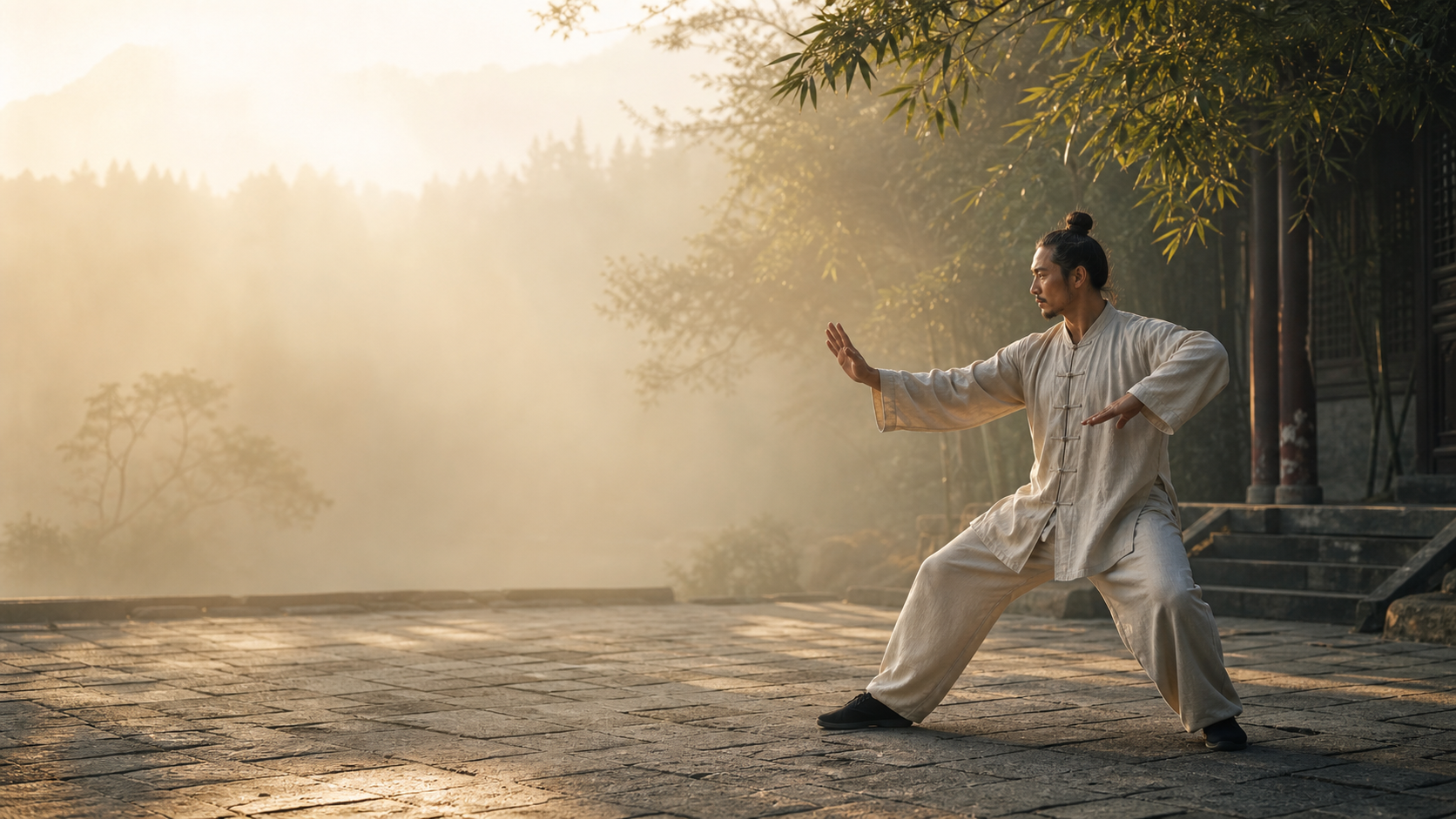 Tai Chi practitioner training in a quiet mountain courtyard at dawn